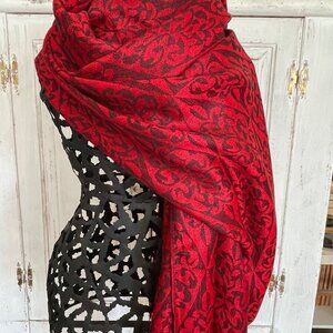 Women's Red & Black Pattern Rayon & Acrylic Long Scarf/Shawl w/ Fringe